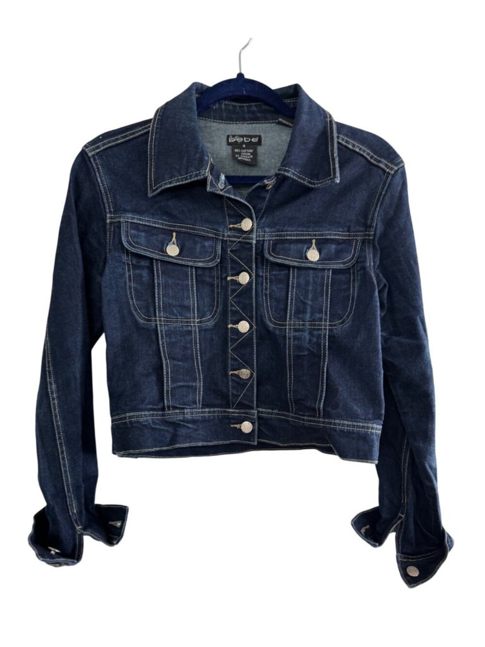 Bebe Womens Dark Wash Denim Cropped Jacket With Button Front & Pockets Size S